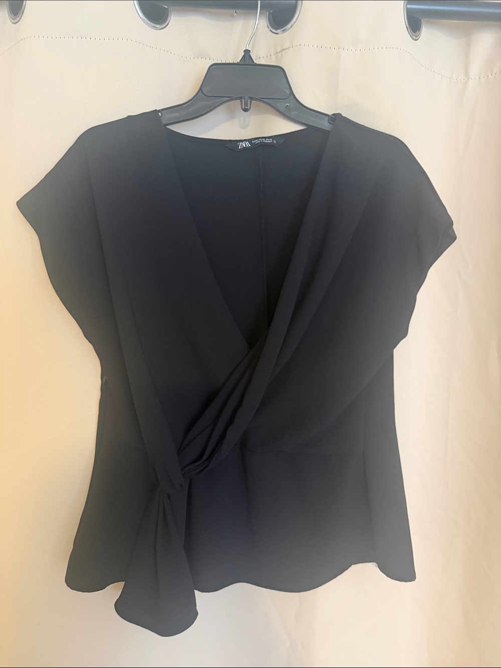Zara Black Draped Tie-Front V-Neck Blouse